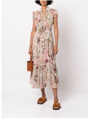 Zimmerman Dancer Flutter Ruffle Midi Dress in Soft Pink Floral Large size 10